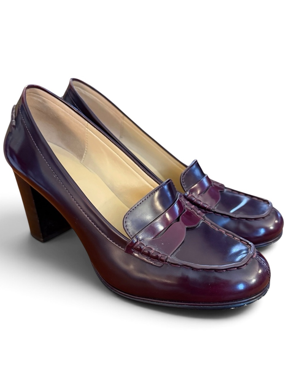 Michael Kors 7.5M Burgundy Leather Penny Loafer Pumps Block Heel 3”